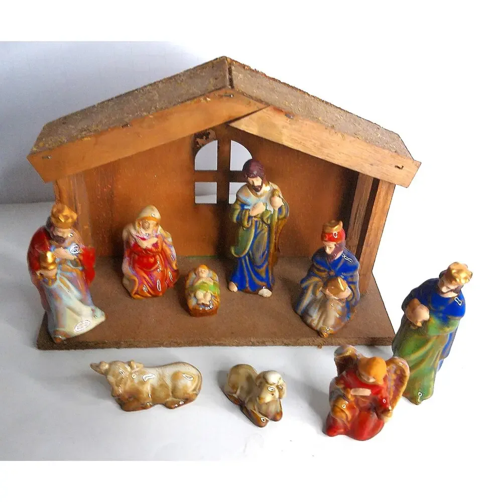 Vintage Nativity Scene Set 9pc Hand Painted Figures With Wood Manger